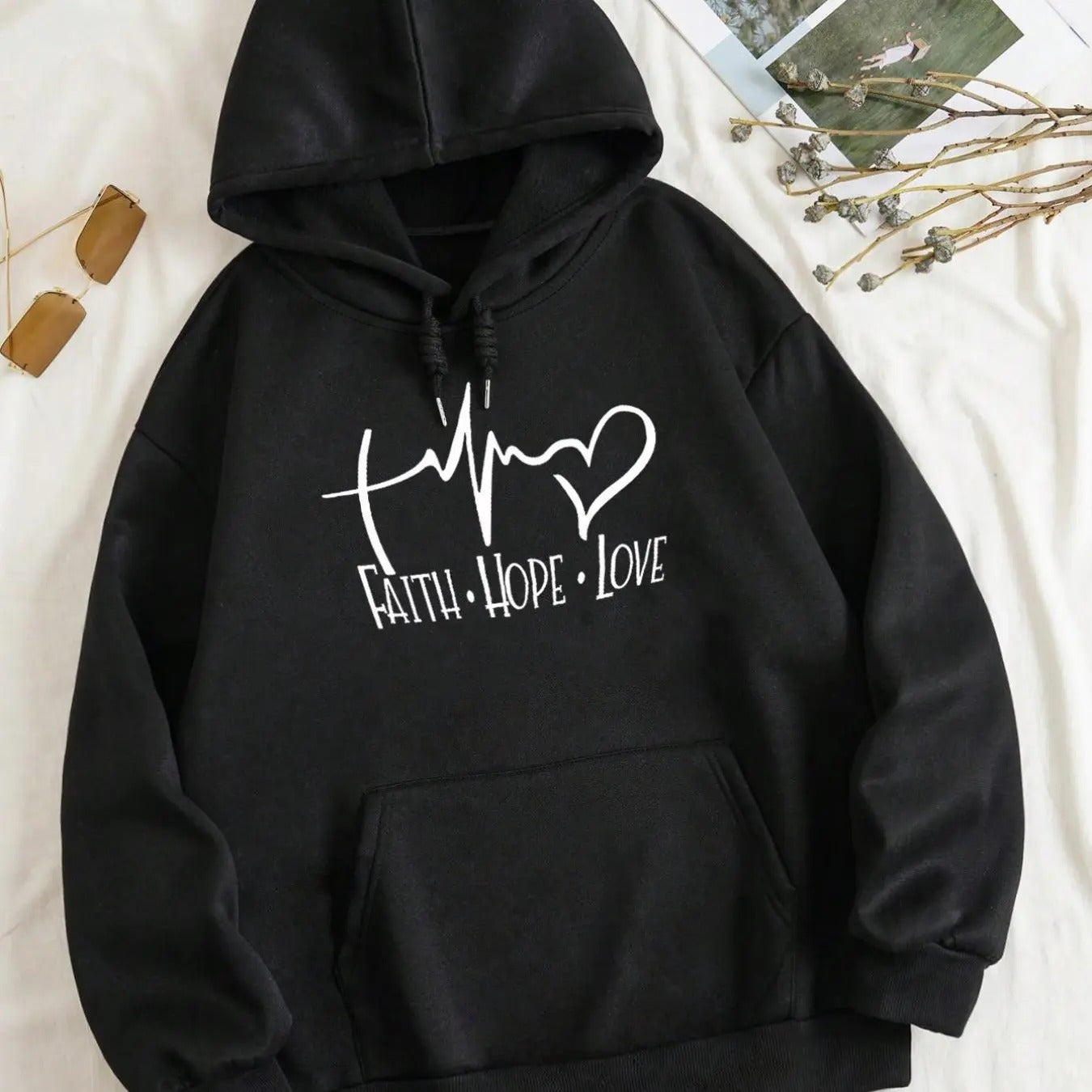Women'WB shield Heart & Letter Print Drop Shoulder Hoodie, Fashion Casual Drawstring Pocket Hooded Sweatshirt for Daily...