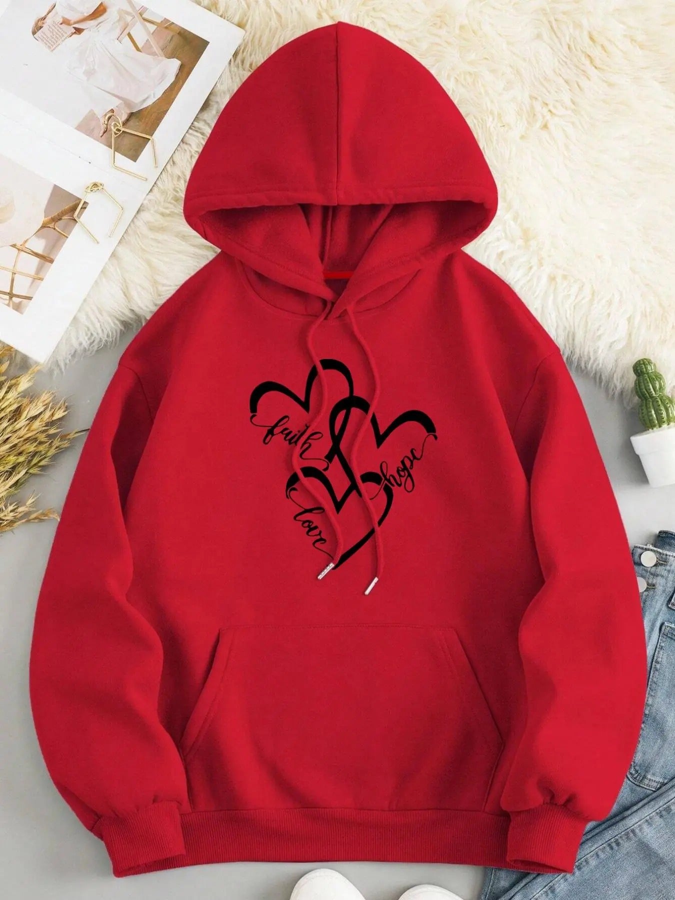 Women'WB shield Heart & Letter Print Drop Shoulder Hoodie, Fashion Casual Trendy Drawstring Pocket Hooded Sweatshirt for...