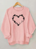 Women'WB shield Heart & Letter Print Drop Shoulder Sweatshirt, Casual Clover Graphic Long Sleeve Round Neck Pullover for...