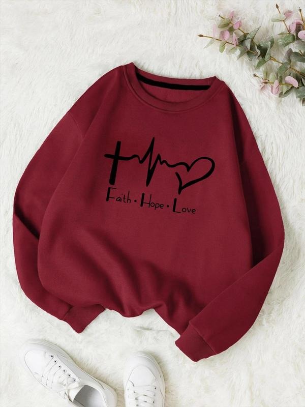 Women'WB shield Heart & Letter Print Drop Shoulder Sweatshirt, Casual Long Sleeve Crew Neck Pullover for Fall & Winter,...