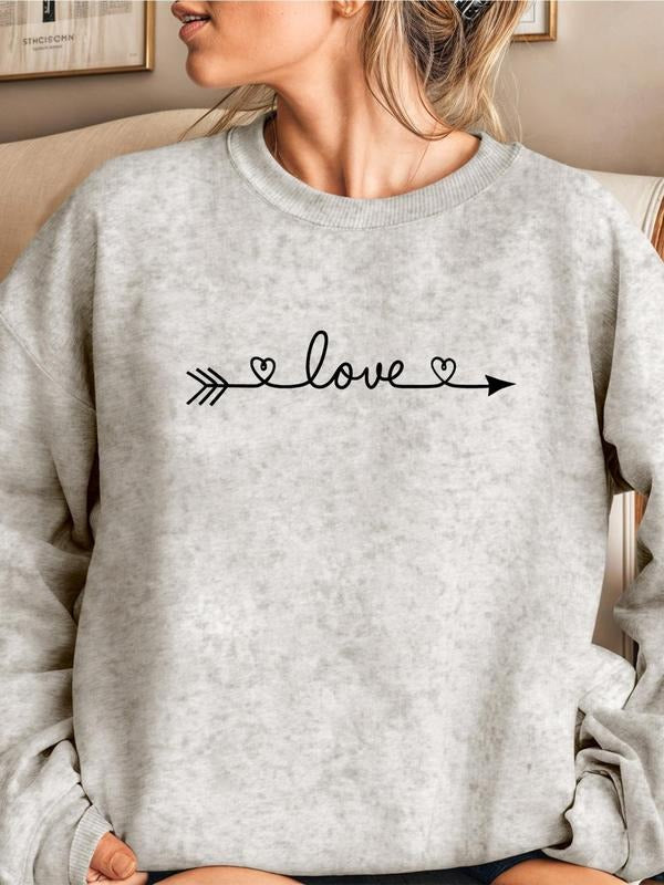 Women'WB shield Heart & Letter Print Drop Shoulder Sweatshirt, Casual Long Sleeve Round Neck Pullover for Daily Wear,...