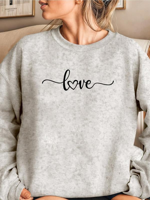 Women'WB shield Heart & Letter Print Drop Shoulder Sweatshirt, Casual Long Sleeve Round Neck Pullover for Daily Wear,...