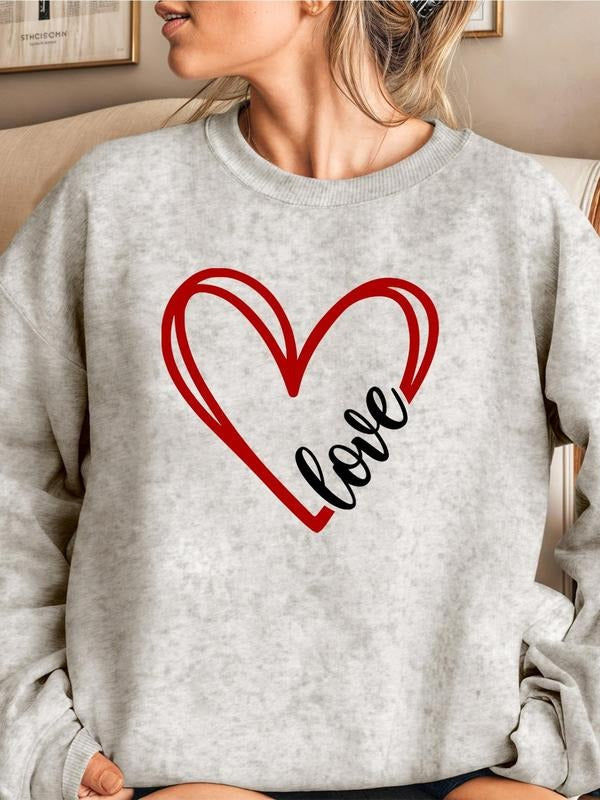 Women'WB shield Heart & Letter Print Drop Shoulder Sweatshirt, Casual Long Sleeve Round Neck Pullover for Daily Wear,...