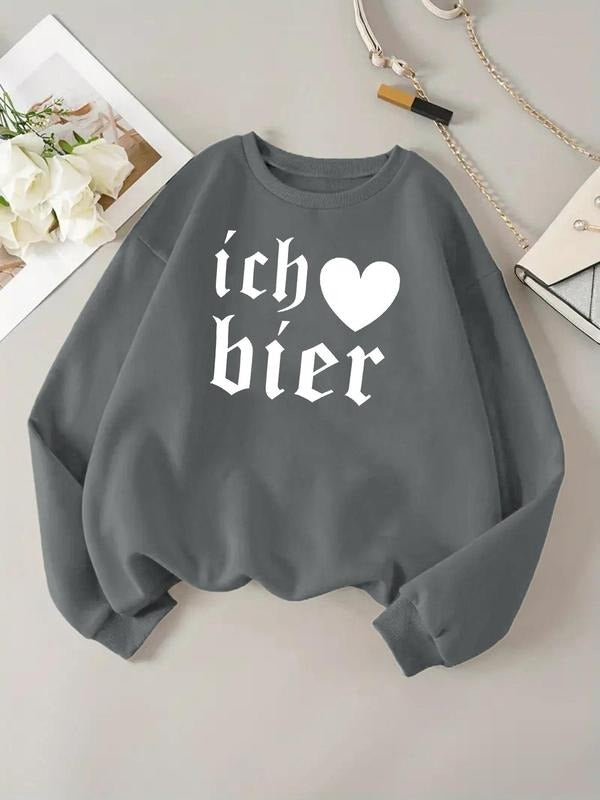 Women'WB shield Heart & Letter Print Drop Shoulder Sweatshirt, Casual Long Sleeve Round Neck Pullover for Daily Wear,...