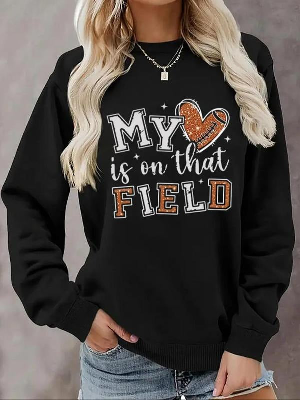 Women'WB shield Heart & Letter Print Drop Shoulder Sweatshirt, Casual Long Sleeve Round Neck Pullover for Fall & Winter,...