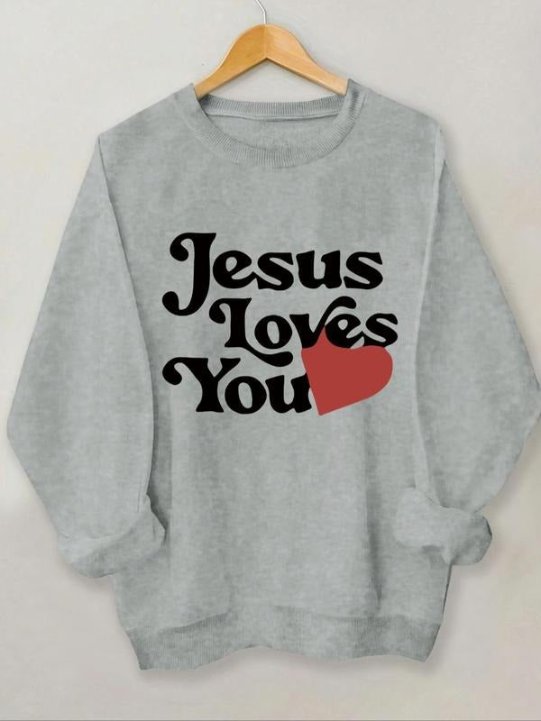 Women'WB shield Heart & Letter Print Drop Shoulder Sweatshirt, Casual Long Sleeve Round Neck Pullover for Spring & Fall,...