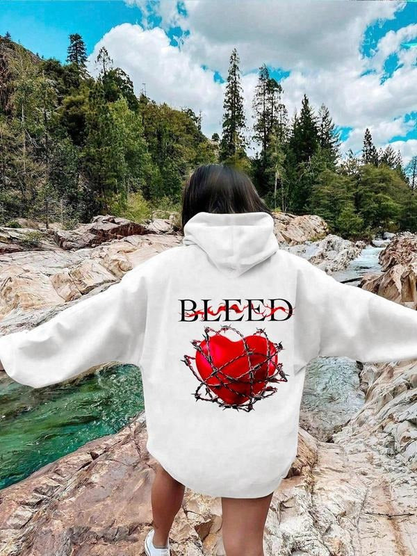 Women'WB shield Heart & Letter Print Drop Shoulder TNF Lined Hoodie, Fashion Casual Drawstring Pocket Hooded Sweatshirt...