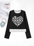 Women'WB shield Heart & Letter Print Drop Shoulder TNF Lined Tee, Casual Long Sleeve Round Neck Pullover for Fall &...