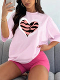 Women'WB shield Heart & Letter Print Drop Shoulder Tee, Casual Half Sleeve Round Neck T-shirt for Summer, Ladies TNF for...