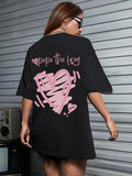 Women'WB shield Heart & Letter Print Drop Shoulder Tee, Fashion Casual Round Neck Short Sleeve T-Shirt for Daily Wear,...