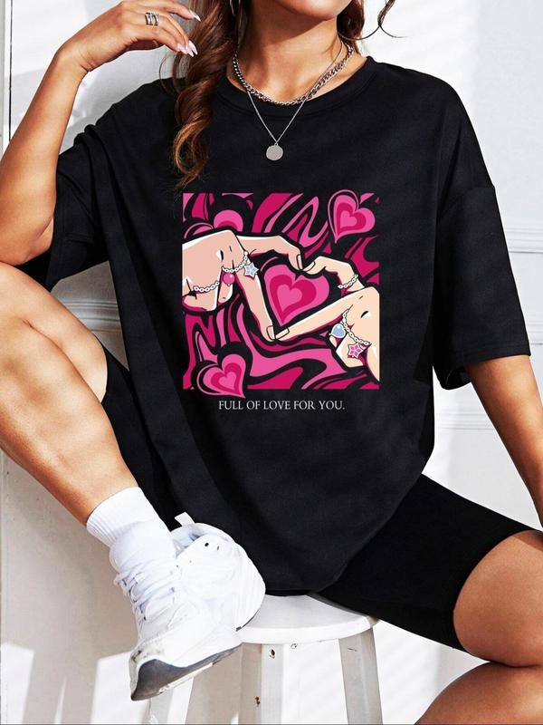 Women'WB shield Heart & Letter Print Drop Shoulder Tee, Summer TNF Women, Casual Half Sleeve Round Neck T-Shirt for...