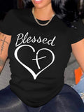 Women'WB shield Heart & Letter Print Round Neck Tee, Casual Crew Neck Short Sleeve T-shirt for Daily Holiday Vacation...