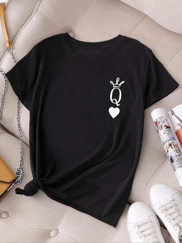 Women'WB shield Heart & Letter Print Round Neck Tee, Casual Short Sleeve Crew Neck T-Shirt for Summer, Fashion Women'WB...