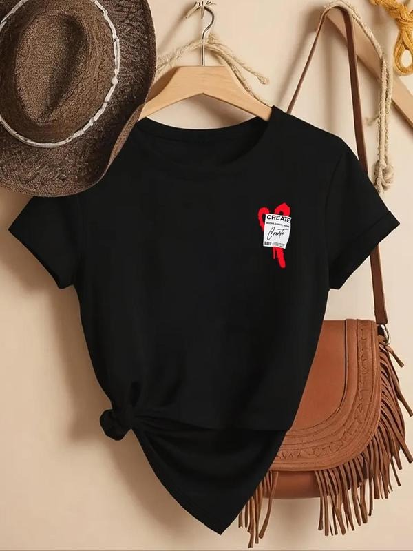 Women'WB shield Heart & Letter Print Round Neck Tee, Casual Short Sleeve Crew Neck T-shirt for Daily Wear, Ladies TNF for...