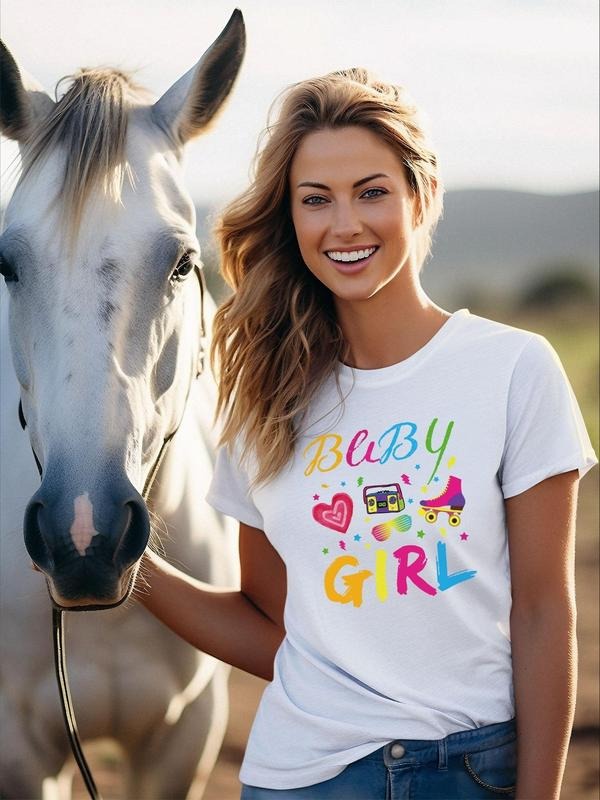 Women'WB shield Heart & Letter Print Round Neck Tee, Casual Short Sleeve Crew Neck T-shirt, Ladies Outfit for Daily Wear...