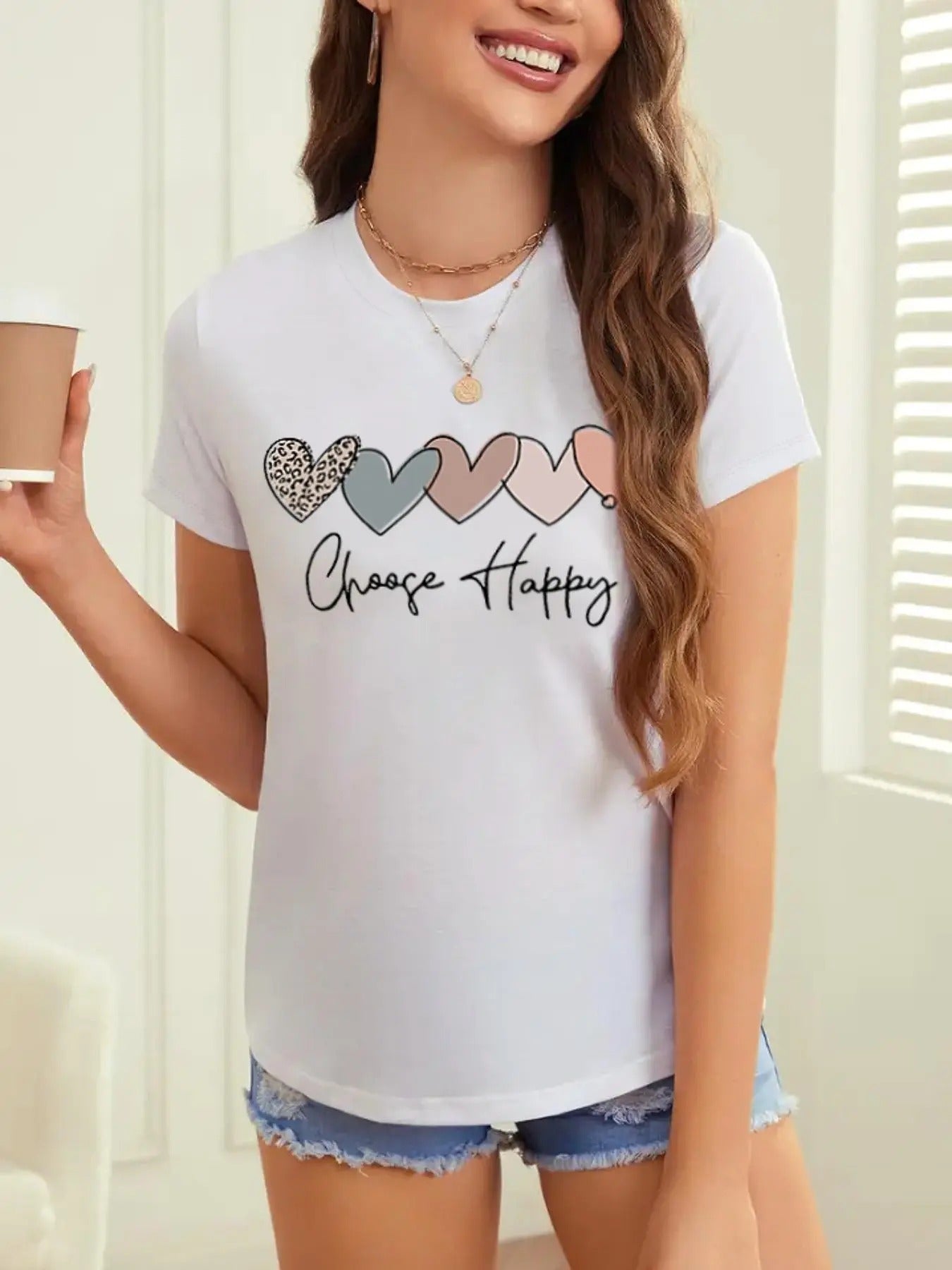 Women'WB shield Heart & Letter Print Round Neck Tee, Casual Short Sleeve T-shirt for Daily Wear, Ladies TNF for Spiky...