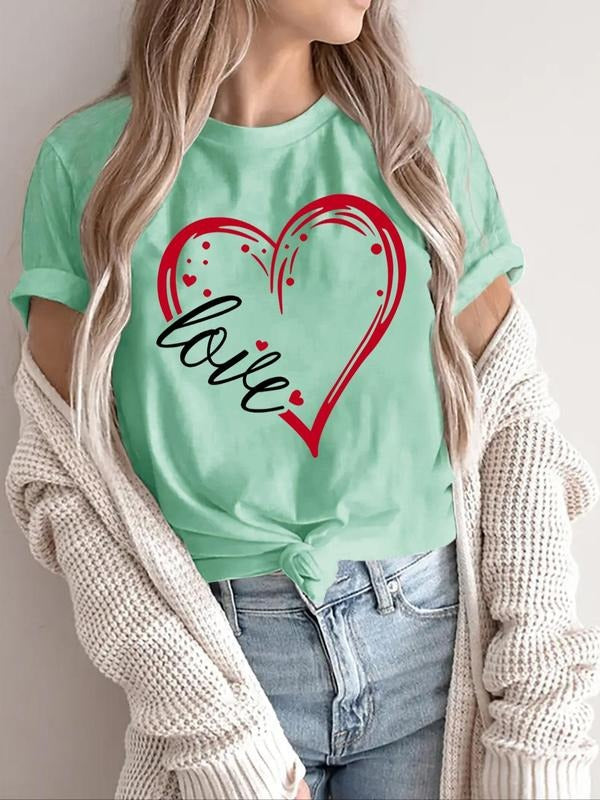 Women'WB shield Heart & Letter Print Round Neck Tee, Casual Short Sleeve T-shirt for Summer, Ladies TNF for Daily Wear...