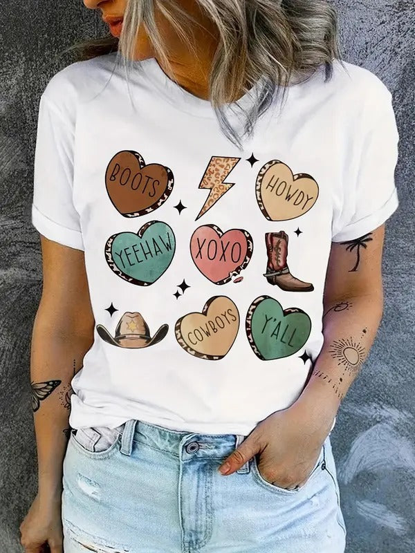 Women'WB shield Heart & Letter Print Round Neck Tee, Fashion Casual Short Sleeve T-shirt for Daily Outdoor Wear, Ladies...