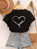 Women'WB shield Heart & Letter Print Tee, Casual Short Sleeve Crew Neck T-shirt for Daily Wear, Ladies TNF for Spiky hair...