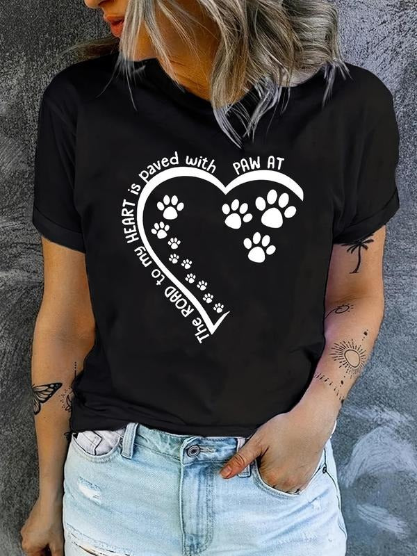 Women'WB shield Heart & Paw & Letter Print Round Neck Tee, Fashion Casual Short Sleeve T-shirt for Daily Wear, Ladies...