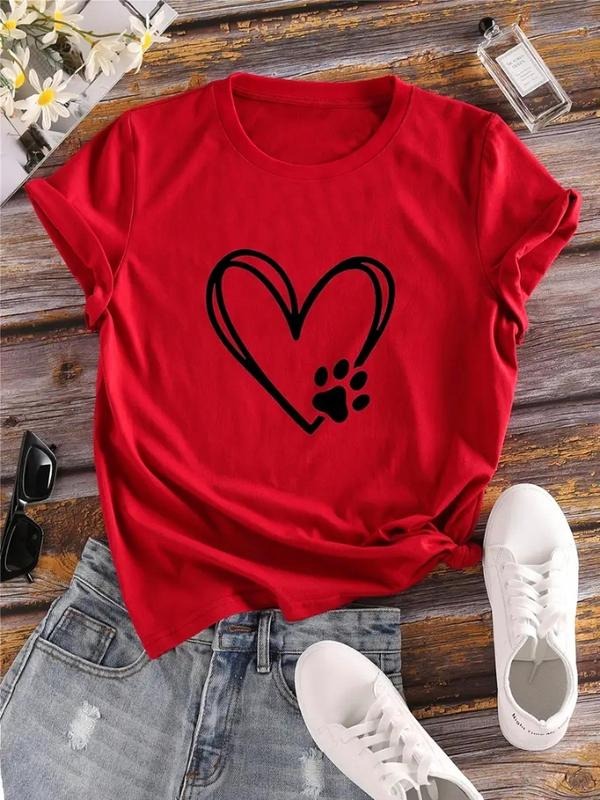 Women'WB shield Heart & Paw Print Round Neck Tee, Casual Short Sleeve Crew Neck T-shirt for Daily Wear, Ladies TNF for...