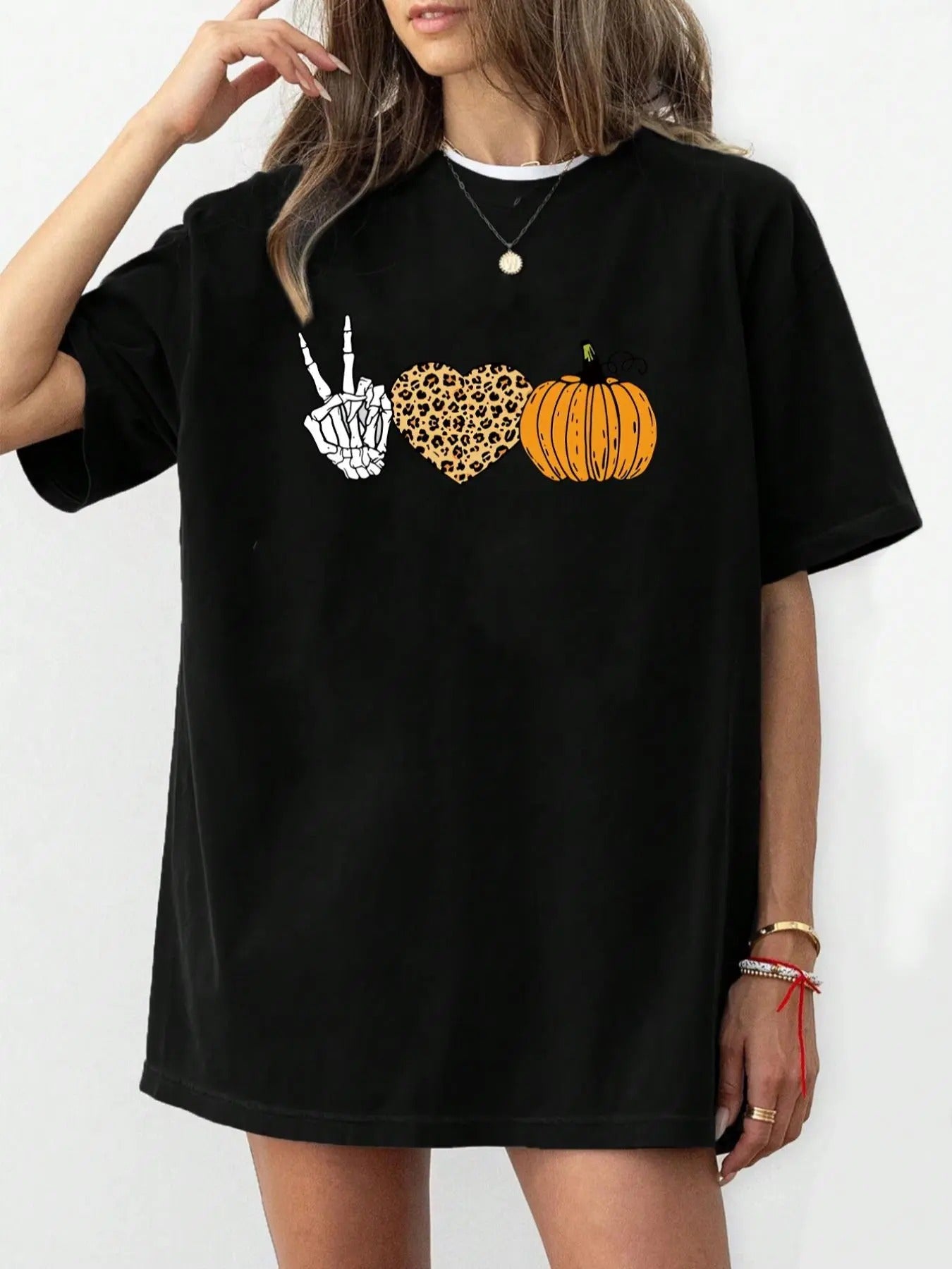 Women'WB shield Heart & Pumpkin Print Drop Shoulder Tee, Casual Fashion Half Sleeve Round Neck T-Shirt for Daily Holiday...