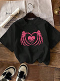 Women'WB shield Heart & Skeleton Hand Print Round Neck Tee, Fashion Casual Crew Neck Short Sleeve T-shirt for Daily...