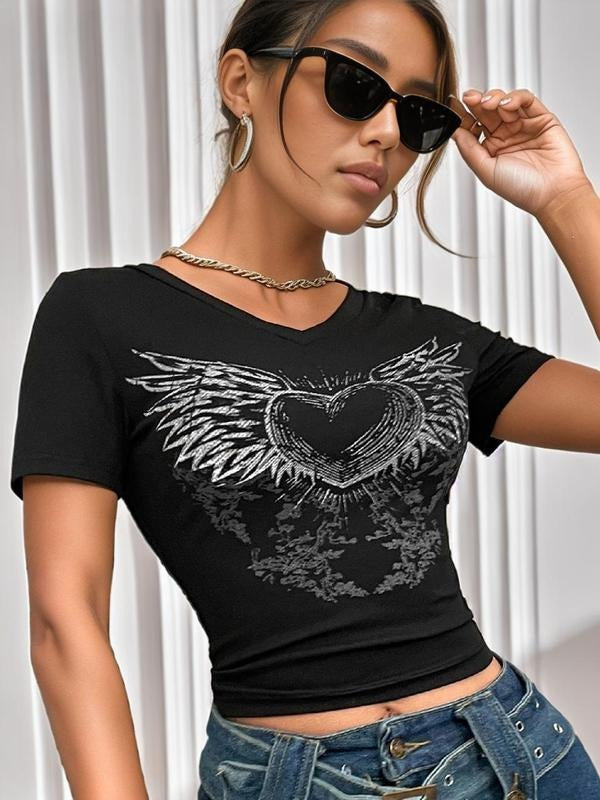 Women'WB shield Heart & Wings Print Superhero team Neck Black Crop Tee, Summer TNF, Vintage Short Sleeve T-shirt, Ladies...