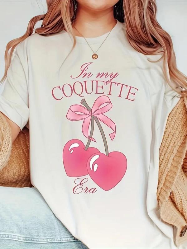 Women'WB shield Heart Cherry & Letter Print Round Neck Tee, Casual Short Sleeve Crew Neck T-Shirt for Summer, Fashion...