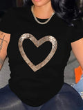 Women'WB shield Heart Design Round Neck Tee, Casual Short Sleeve Crew Neck T-shirt for Spring & Fall, Fashion Women'WB...