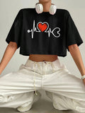 Women'WB shield Heart Graphic Print Round Neck Crop Tee, Fashion Casual Drop Shoulder Short Sleeve T-shirt for Daily...