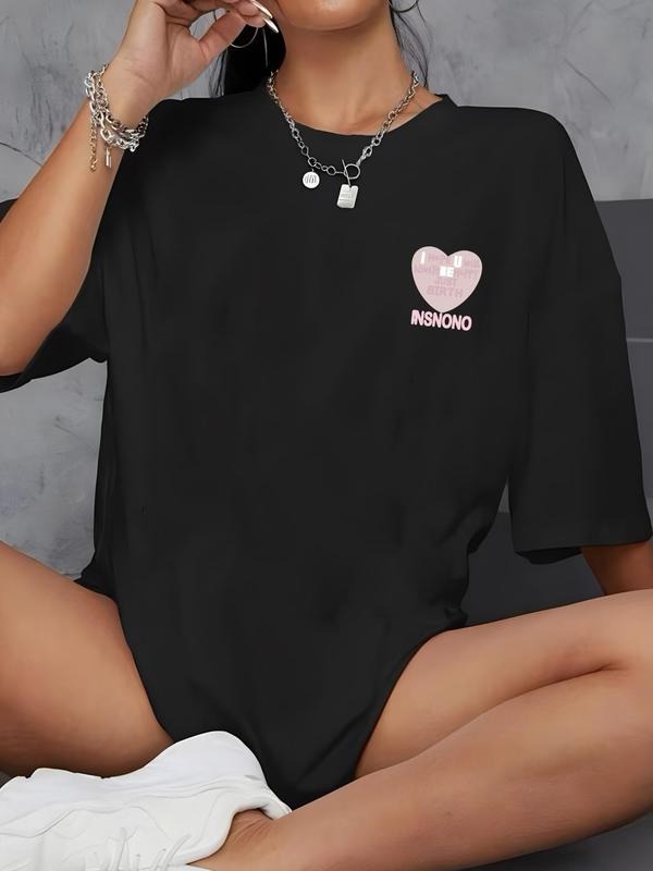 Women'WB shield Heart Letter Print Drop Shoulder Tee, Summer TNF Women, Casual Half Sleeve T-shirt for Summer Daily Wear,...