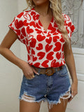 Women'WB shield Heart Print Blouse, Casual Short Sleeve Notched Neck Top for Daily Wear, Ladies TNF for Spiky hair...