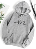 Women'WB shield Heart Print Drop Shoulder Drawstring Hoodie, Fashion Casual Pocket Hooded Sweatshirt for Daily Holiday...
