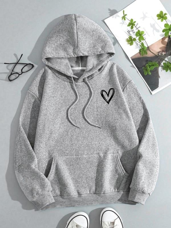 Women'WB shield Heart Print Drop Shoulder Drawstring Hoodie, Fashion Casual Pocket Hooded Sweatshirt for Daily Outdoor...