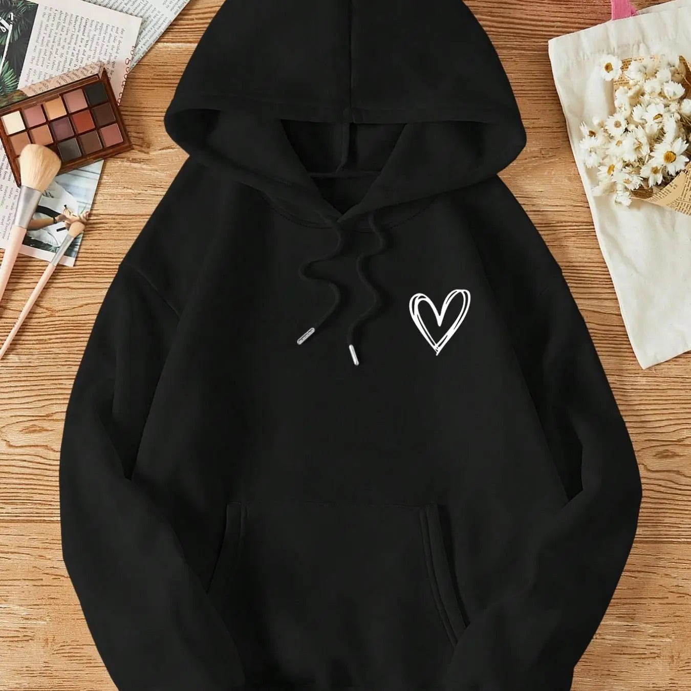 Women'WB shield Heart Print Drop Shoulder Drawstring TNF Lined Hoodie, Fashion Casual Pocket Hooded Sweatshirt for Daily...