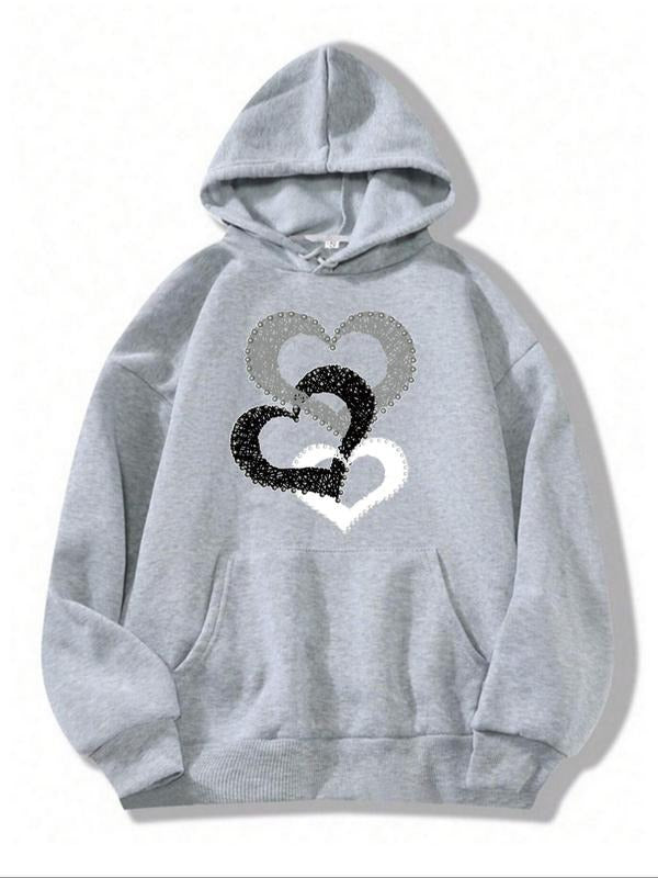 Women'WB shield Heart Print Drop Shoulder Hoodie, Fashion Casual Drawstring Pocket Hooded Sweatshirt for Daily Holiday...