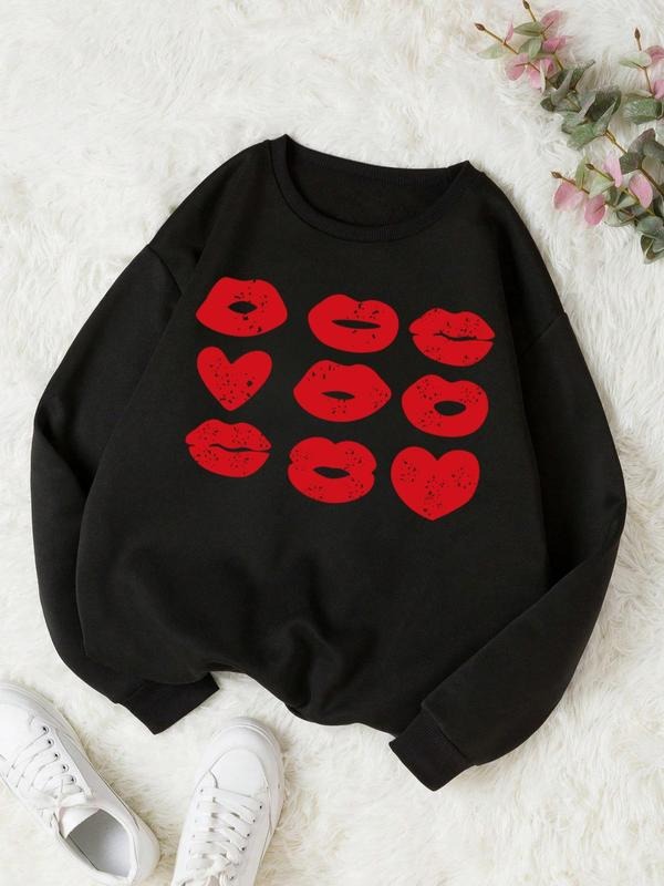 Women'WB shield Heart Print Drop Shoulder Long Sleeve Crewneck Sweatshirt, Fashion Casual Lip Print Round Neck Pullover...