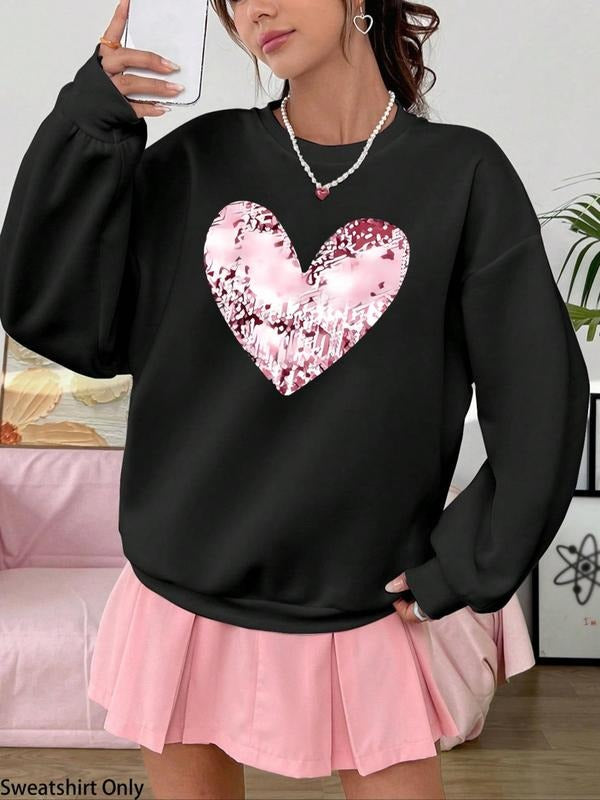 Women'WB shield Heart Print Drop Shoulder Sweatshirt, Casual Long Sleeve Round Neck Pullover for Fall & Winter, Ladies...