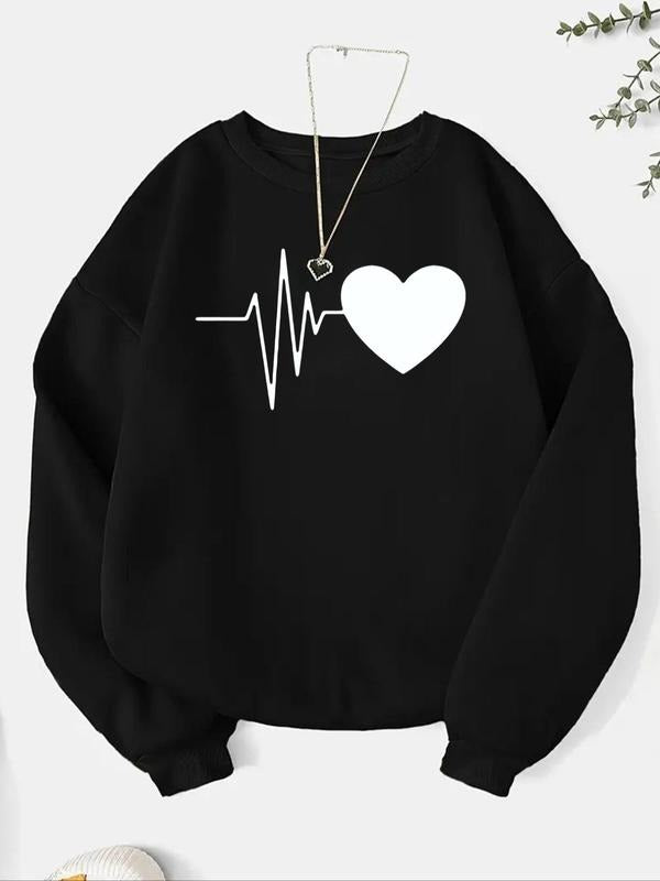 Women'WB shield Heart Print Drop Shoulder Sweatshirt, Casual Long Sleeve Round Neck Pullover for Fall & Winter, Ladies...