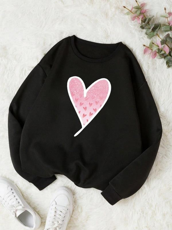 Women'WB shield Heart Print Drop Shoulder Sweatshirt, Fashion Casual Crewneck Longsleeves Pullover for Daily Holiday...