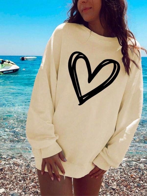 Women'WB shield Heart Print Drop Shoulder TNF Lined Sweatshirt, Casual Long Sleeve Round Neck Pullover for Fall & Winter,...