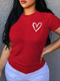 Women'WB shield Heart Print Drop Shoulder Tee, Casual Half Sleeve Round Neck T-Shirt for Summer, Fashion Women'WB shield...