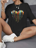 Women'WB shield Heart Print Drop Shoulder Tee, Street Fashion Casual Half Sleeve Round Neck T-shirt for Daily Wear,...