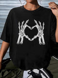 Women'WB shield Heart Print Drop Shoulder Tee, Summer Casual Fashion Skeleton Print Round Neck Half Sleeve T-Shirt for...
