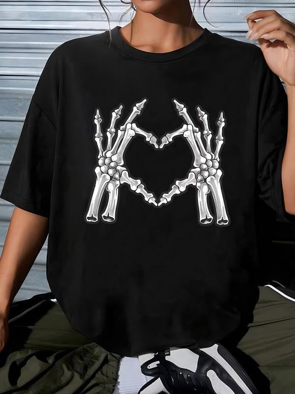 Women'WB shield Heart Print Drop Shoulder Tee, Summer Casual Fashion Skeleton Print Round Neck Half Sleeve T-Shirt for...