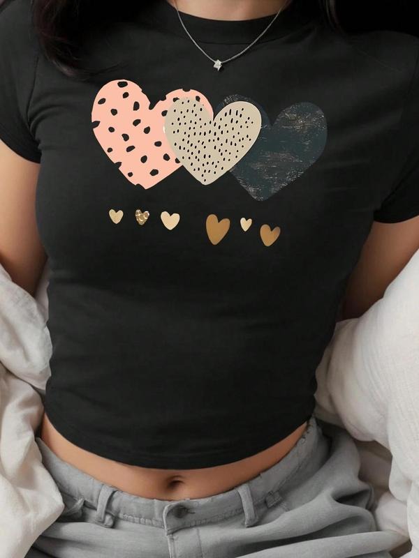 Women'WB shield Heart Print Round Neck Crop Tee, Fashion Casual Crew Neck Short Sleeve T-Shirt for Daily Outdoor Wear,...
