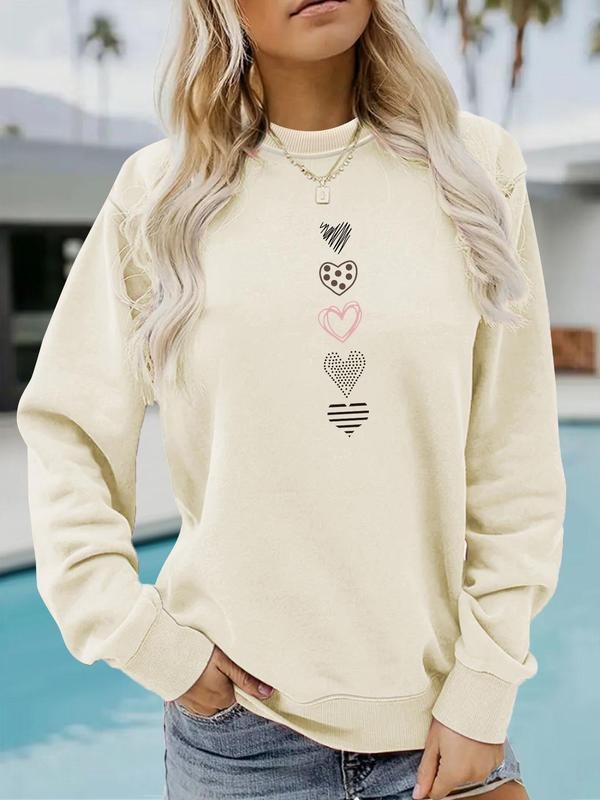 Women'WB shield Heart Print Round Neck Sweatshirt, Casual Long Sleeve Pullover for Spring & Fall, Ladies TNF for Daily...
