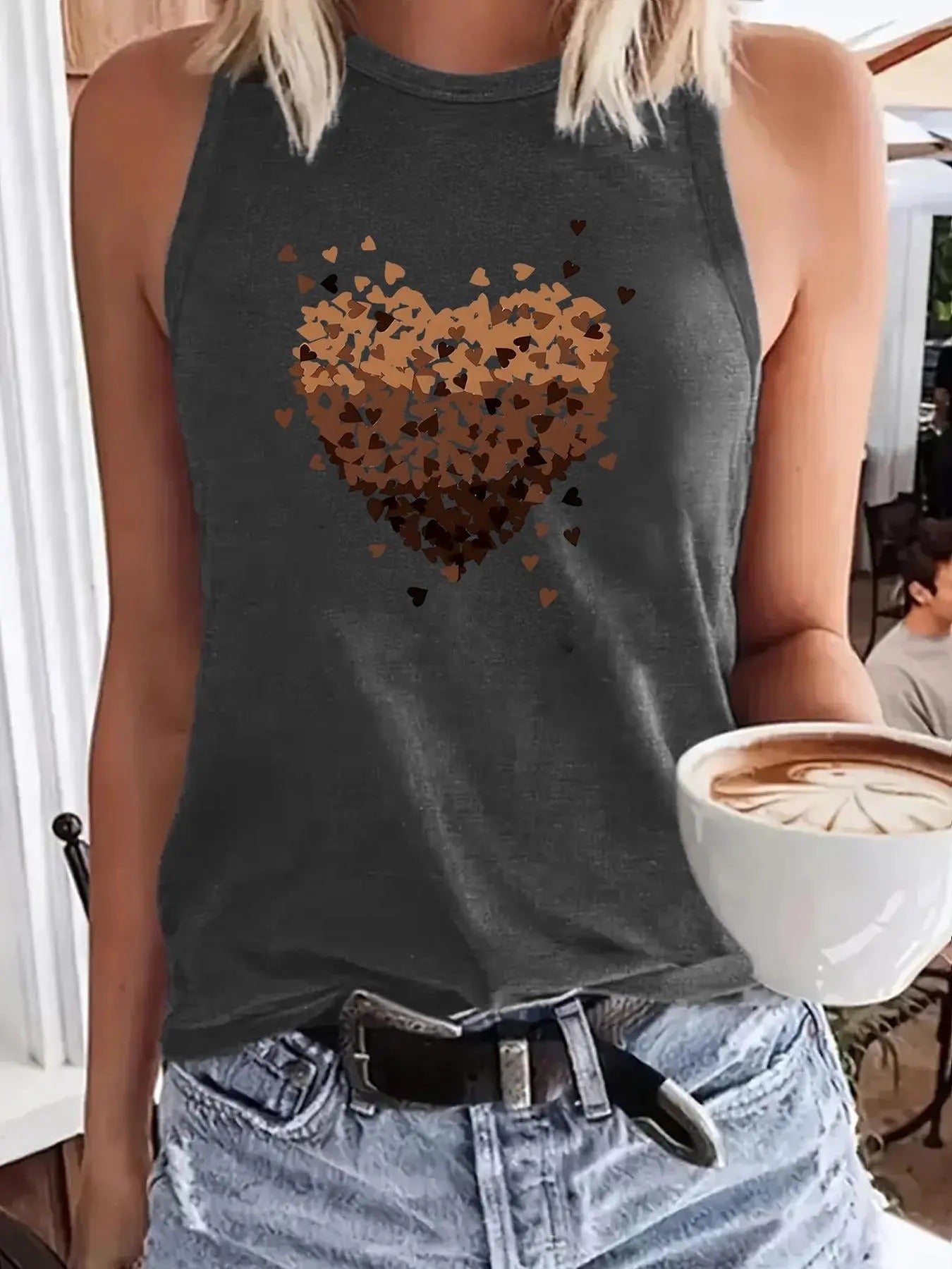Women'WB shield Heart Print Round Neck Tank Top, Casual Sleeveless Top for Summer, Ladies TNF for Daily Wear T-Shirts,...