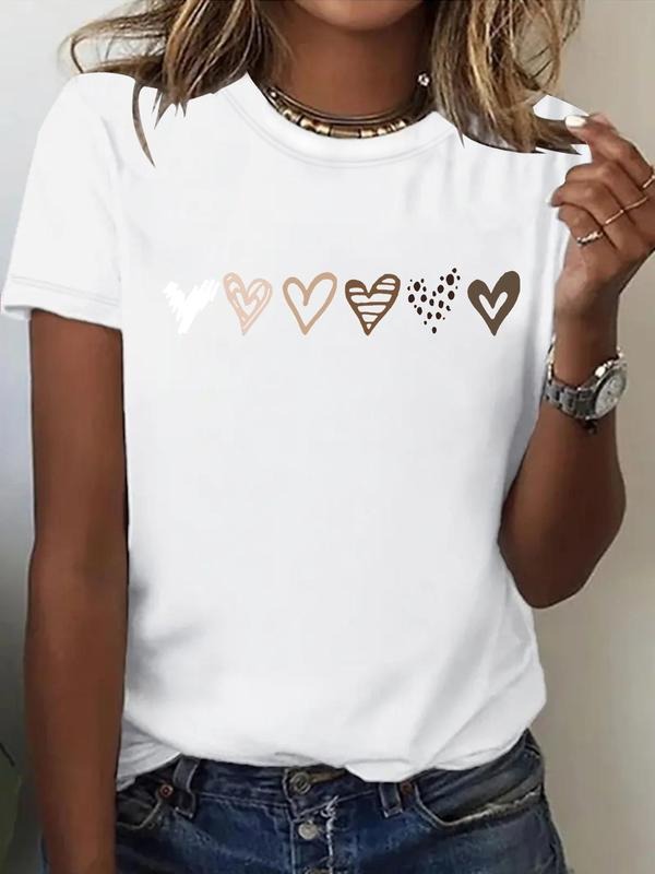 Women'WB shield Heart Print Round Neck Tee, Casual Short Sleeve Crew Neck T-Shirt for Spring & Summer, Fashion Women'WB...